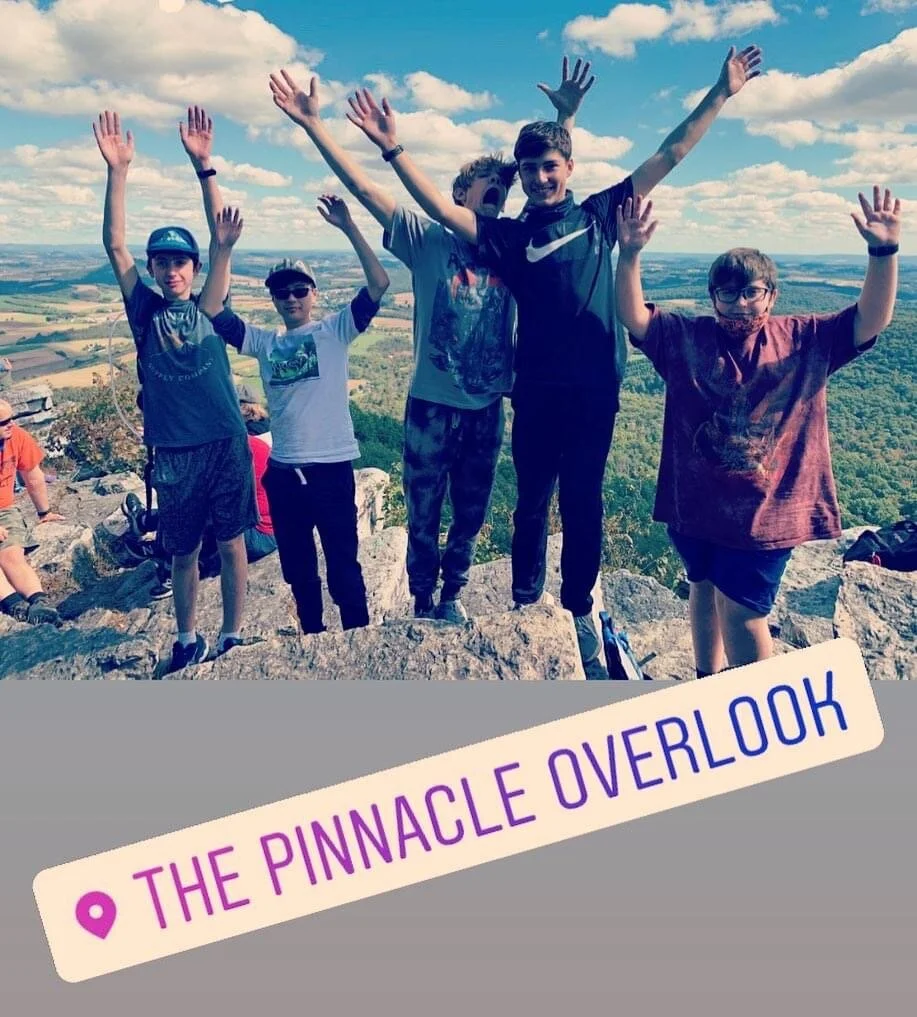 Five young people with raised arms standing on a rocky overlook with scenic valley and blue sky background, labeled 'The Pinnacle Overlook.'