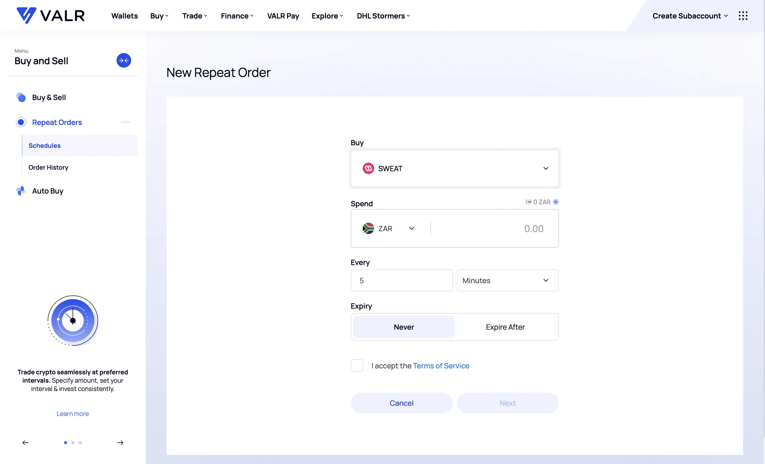 Setup Sweatcoin repeat order on VALR