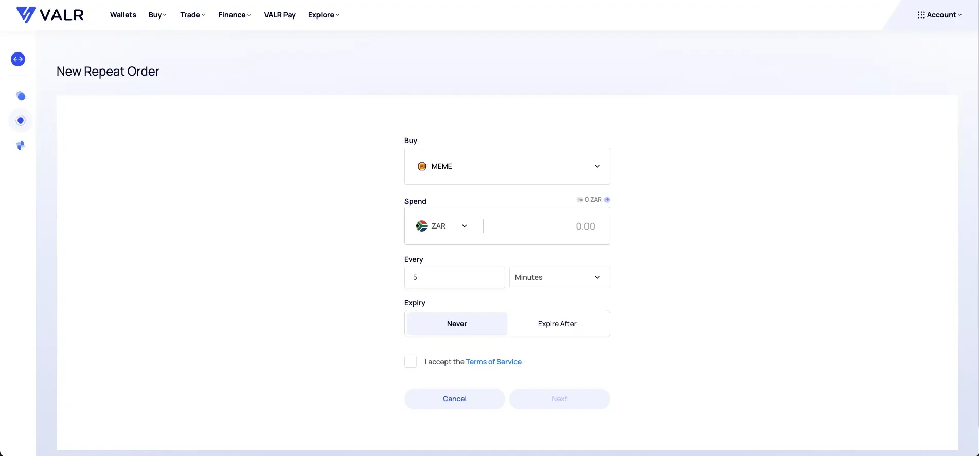 Buy Memecoin (MEME) via repeat order on VALR