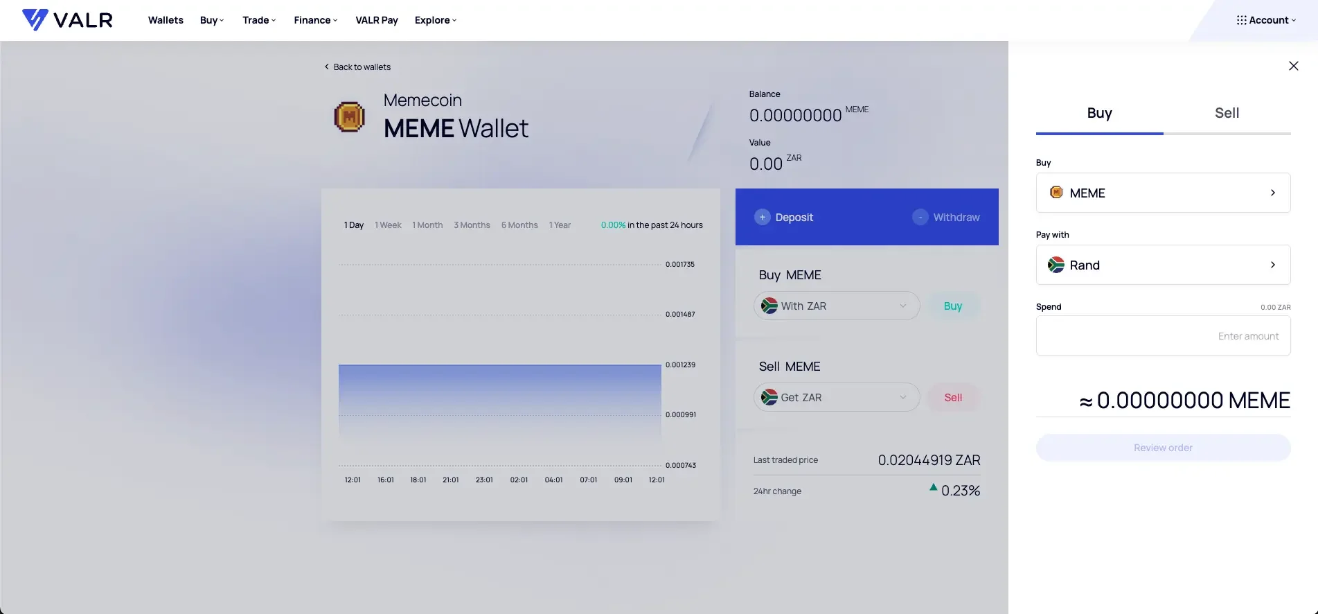 Buy Memecoin (MEME) on VALR via simple buy/sell
