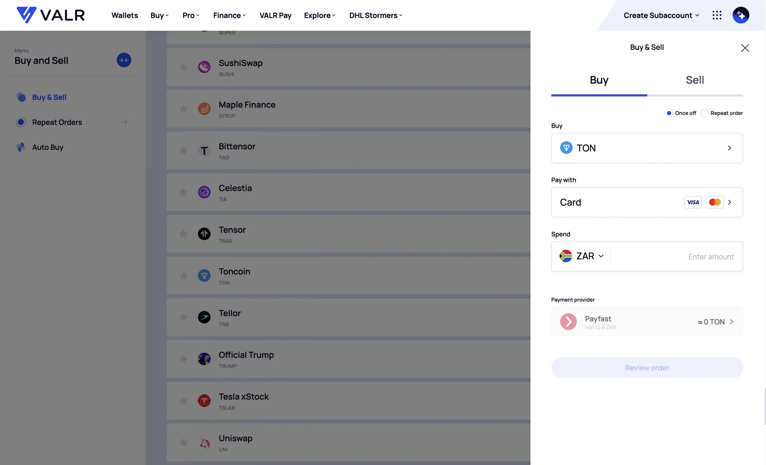 Navigate to Buy and Sell in VALR and select Toncoin (TON)