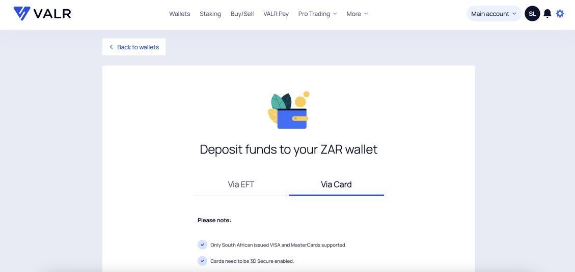 Deposit funds to VALR wallet with credit card