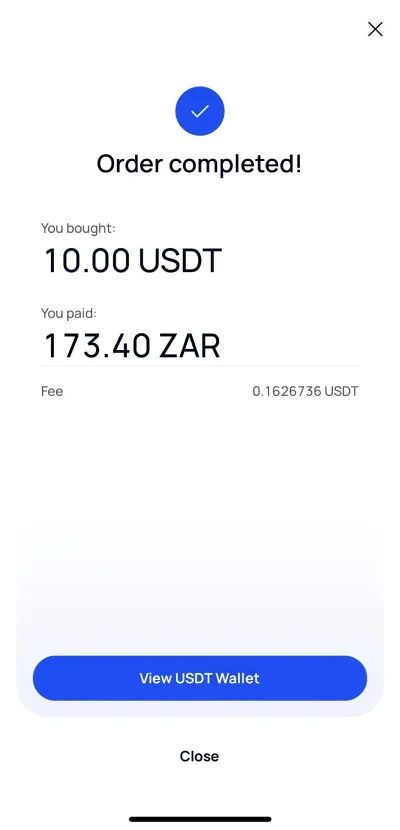 Order of 10 USDT is complete, paid with ZAR