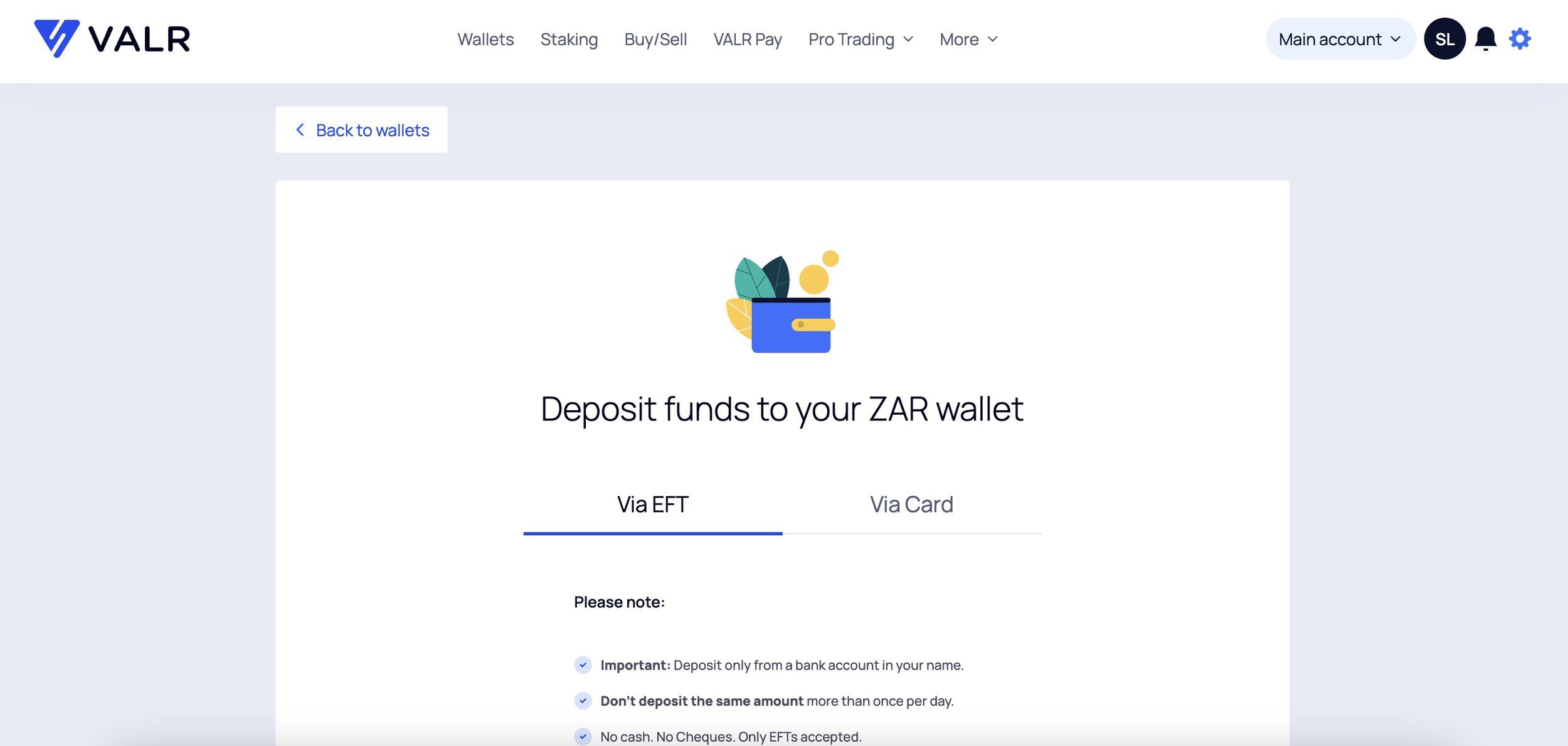 Deposit ZAR to your VALR wallet from bank account to buy Dogecoin (DOGE)