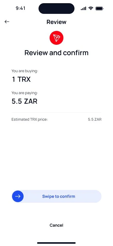 Review and confirm TRX/ZAR transaction