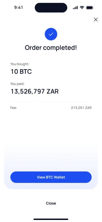 Bitcoin order complete on VALR