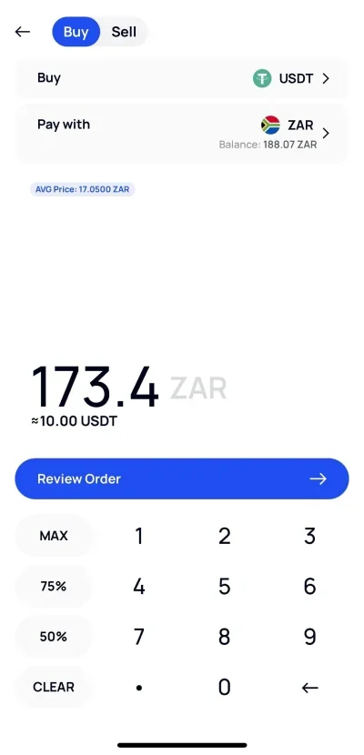 Go to the buy/sell tab on VALR's app and select USDT under Buy and ZAR under Pay with