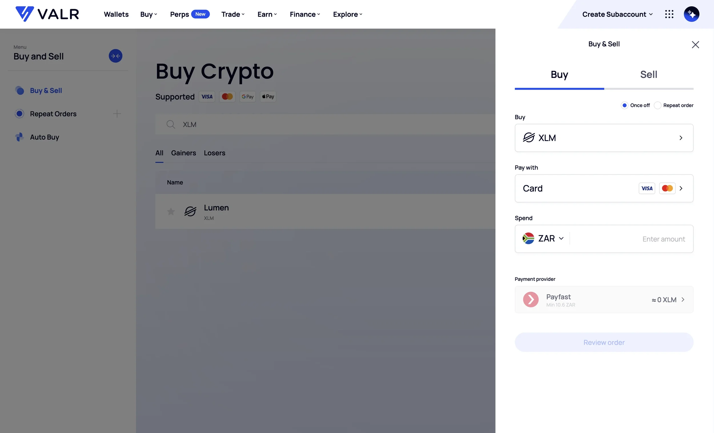 Complete XLM purchase on VALR