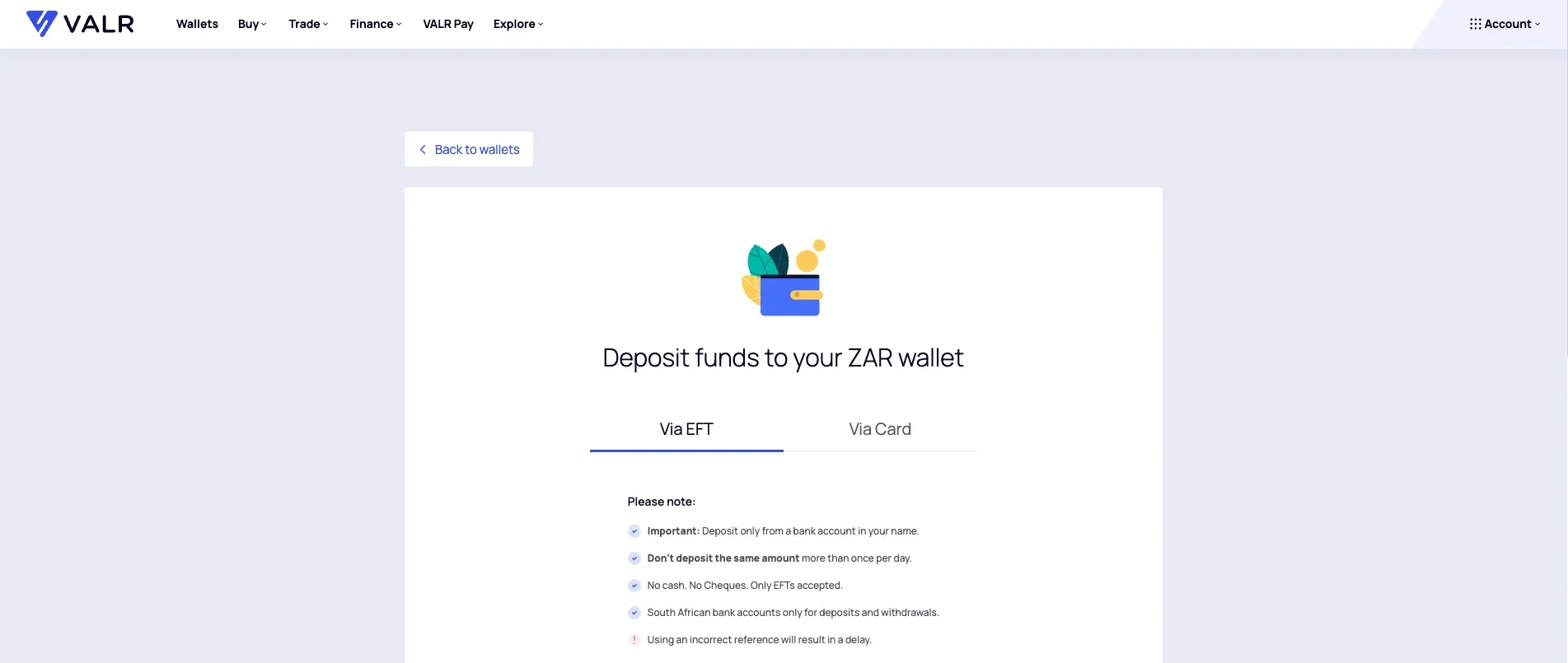 Deposit funds via bank transfer into your VALR account to buy Memecoin