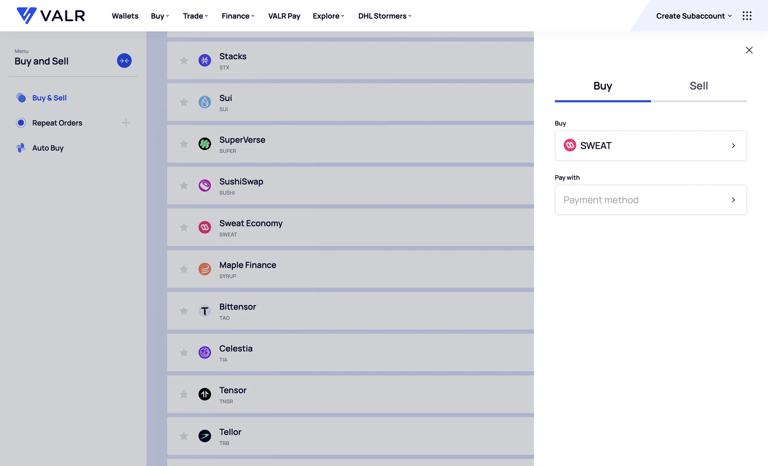 Navigate to VALR's buy and sell section and click SWEAT