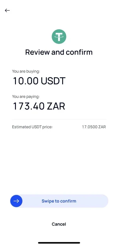 Review and confirm USDT/ZAR transaction