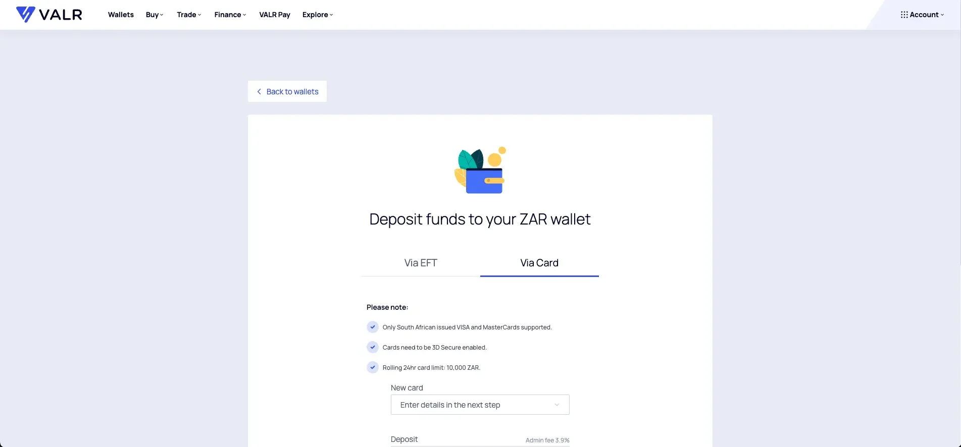 Deposit funds into your VALR account via credit card