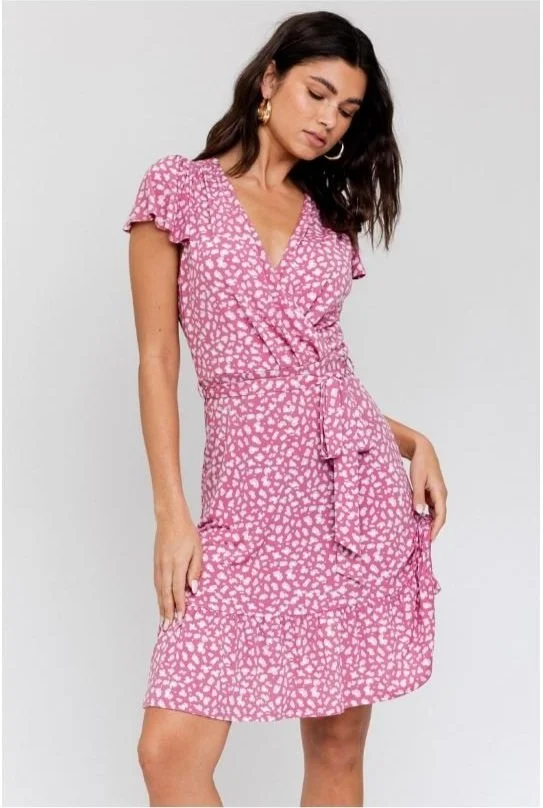 strapless open back dress Pink Faux Wrap Satin Gown With 3D Flower Straps main image 0