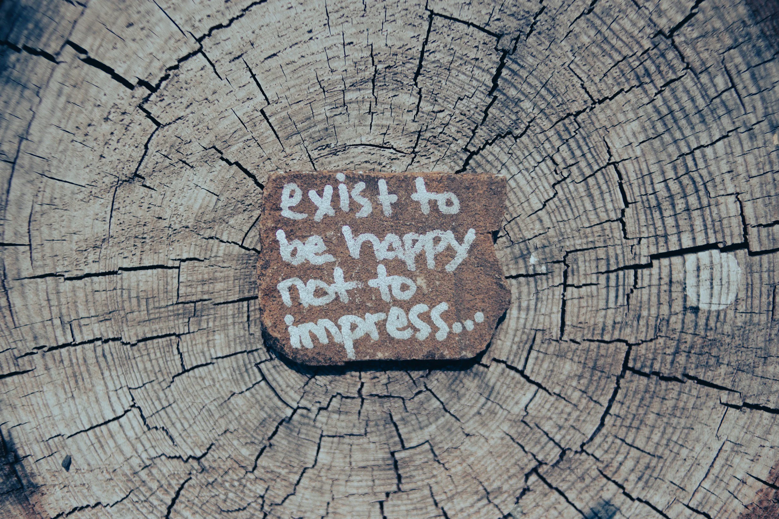 A tree stump holds a small quote that reads, "exist to be happy, not to impress" - demonstrating how therapy can help you find your sense of meaning and deep purpose in life.