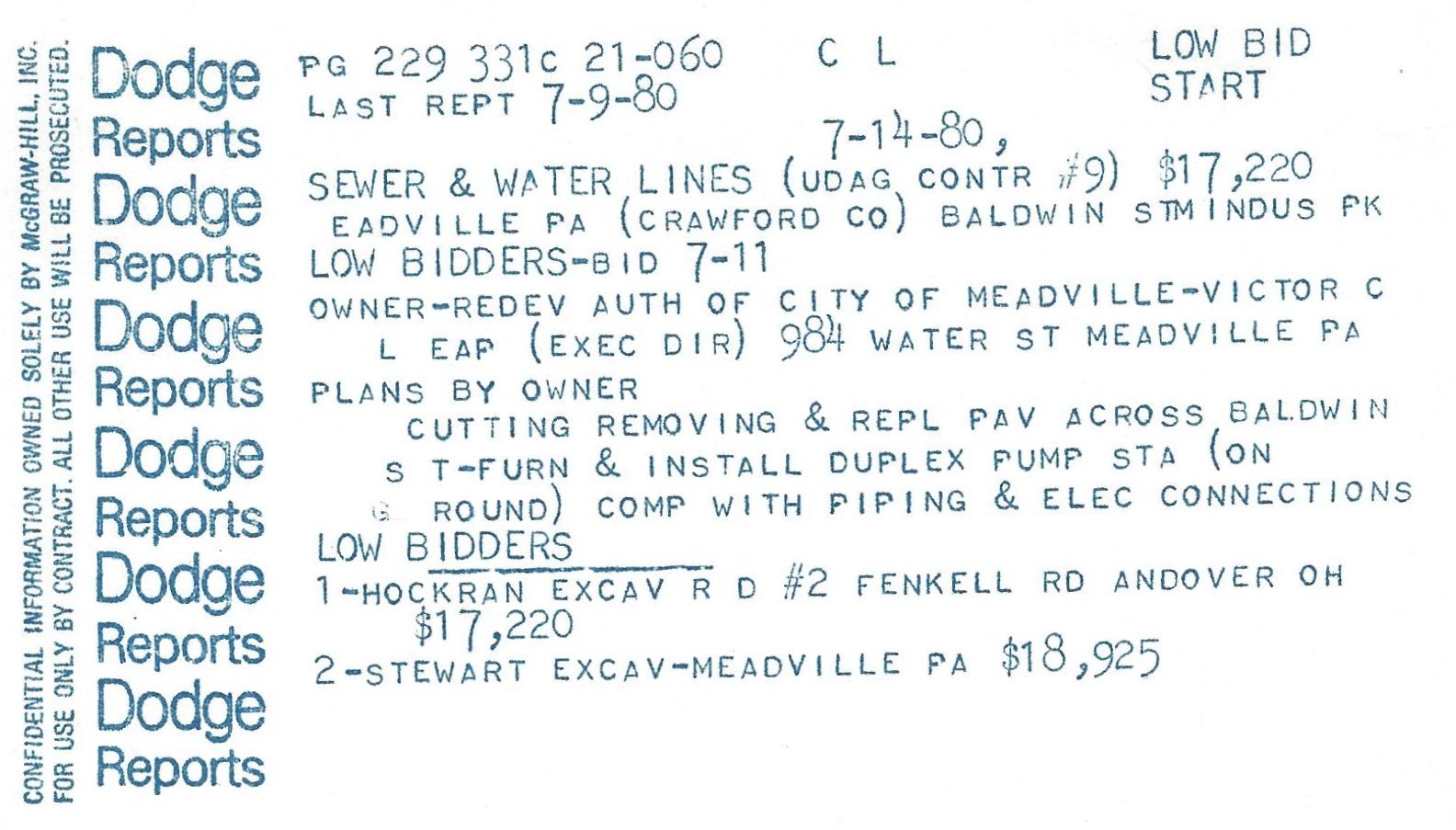 Dodge 7-14-80 Meadville PA Sewer