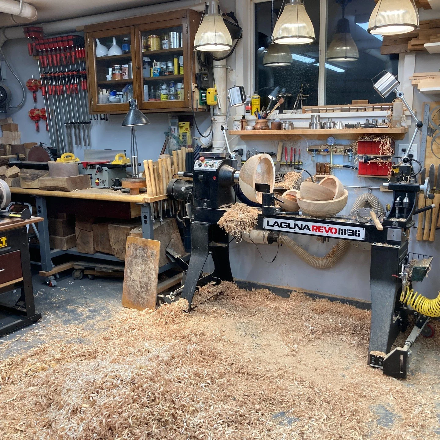 I'm DONE with the winter!!! Back in the shop working like a demon! Spent the whole week rough turning some nice cherry bowls. They can dry now for a few months before coming back to them - Just started finish cutting the wet elm bowls that were rough
