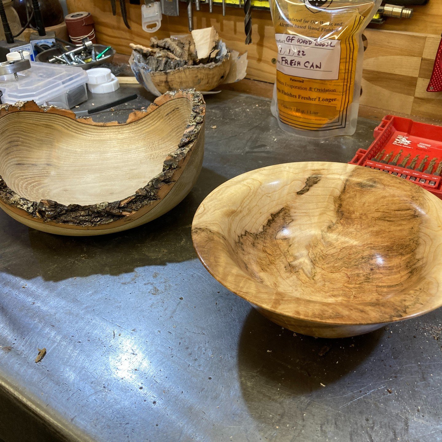 Getting into production mode... Goal is 100 new pieces over the winter before it warms up so I have enough inventory for shows starting in the spring. Working my way through a bunch of smaller maple natural edge bowls cored out from bigger bowls that