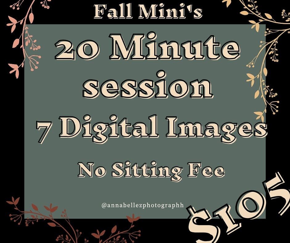 Fall Mini Sessions, filling fast! Book Now! 2 days only! One beautiful spot. https://Annabellezphotography-schedule.as.me/FallMiniSessions