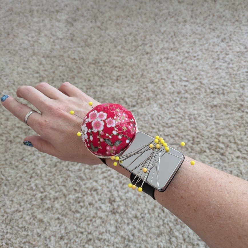 My amazing bride @shearhairdesigns_hairbymariahj came to pick up her dresses today, and brought me a chai AND the coolest gift: two different wrist pin cushions: magnetic slap bracelet and antique floral on elastic. I am so blown away and grateful fo