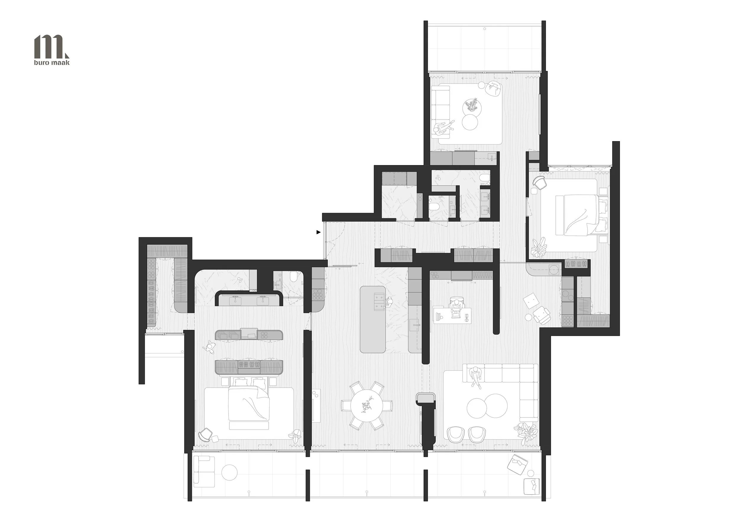 Gedetailleerde architectonische plattegrond van een modern appartement met meerdere slaapkamers, badkamers, keukens, woonkamers en terrassen.