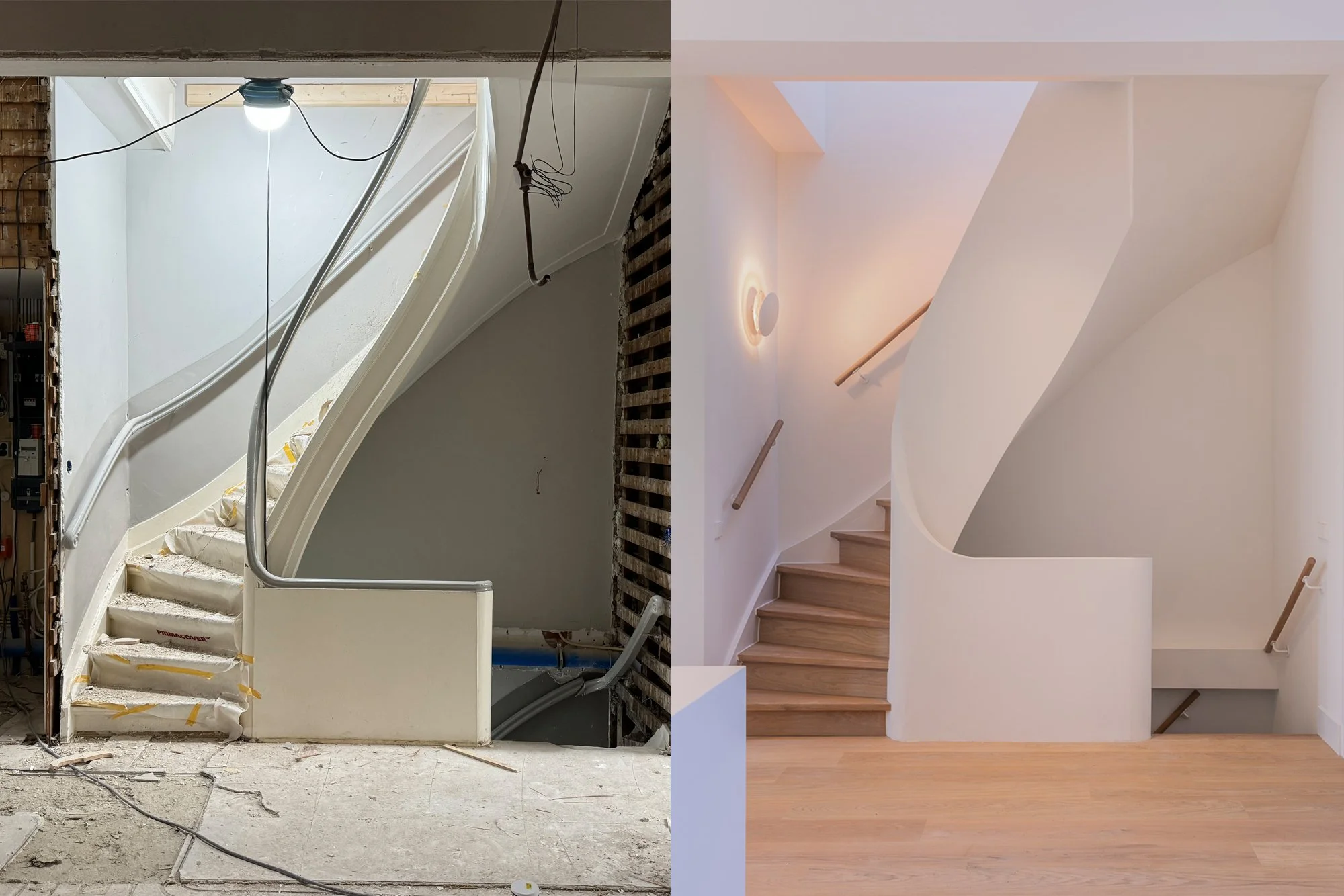 Voor-en-nafoto van een wenteltrap: van een onafgewerkte trap in verbouwing naar een moderne, wit gestucte trap met houten treden en leuningen.