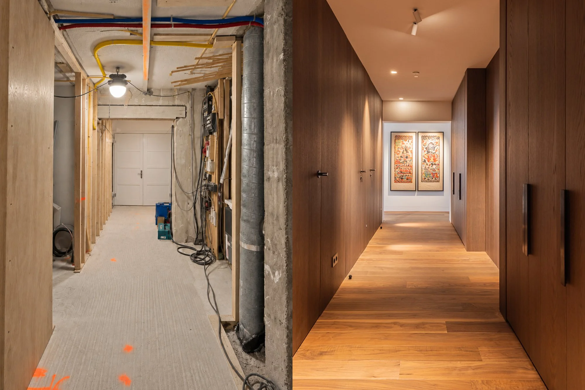 Voor-en-nafoto van een gang: links een onafgewerkte renovatie met zichtbare leidingen en bekabeling, rechts een afgewerkte houten gang met ingebouwde kasten en verlichting.