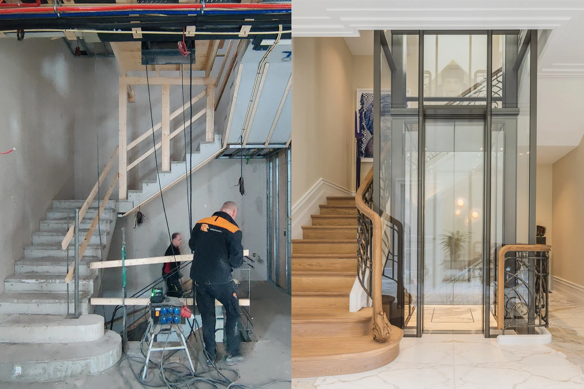Voor-en-nafoto van een traprenovatie: een onafgewerkte betonnen trap tijdens de bouw tegenover een luxe afgewerkte houten trap met glazen lift en sierlijke balustrade.