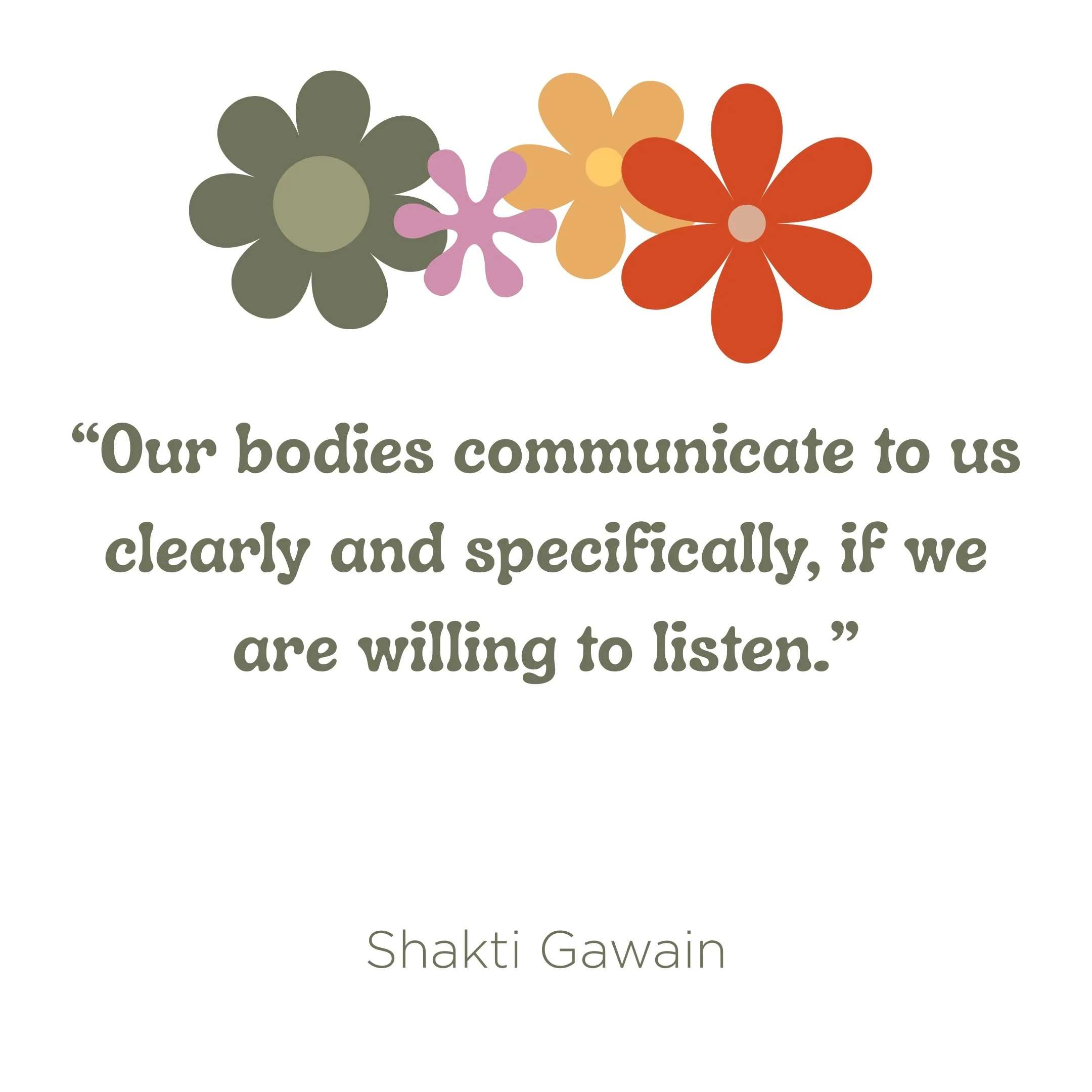 Inspirational quote graphic with flower icons reading: 'Our bodies communicate to us clearly and specifically, if we are willing to listen.' by Shakti Gawain