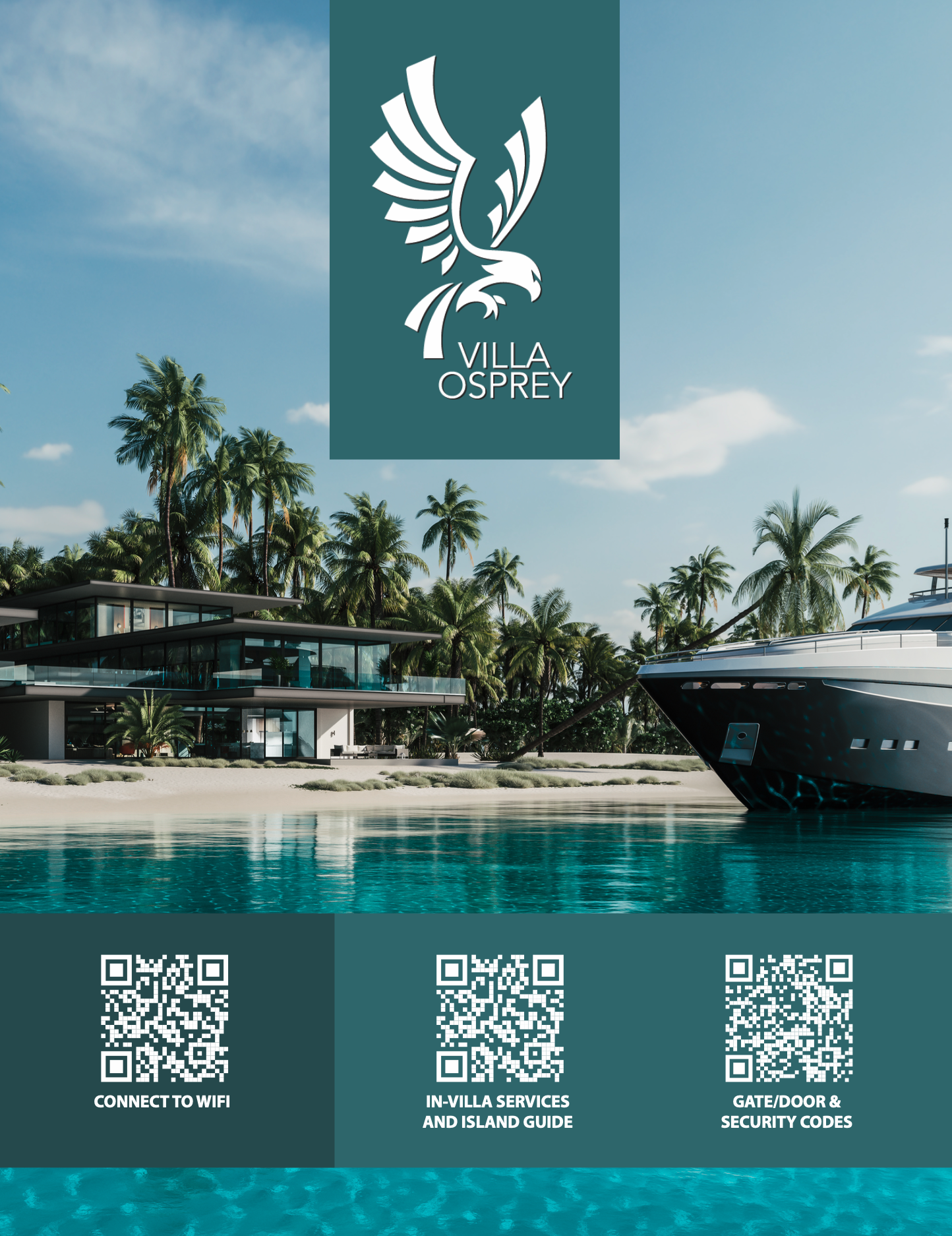 A vacation rental brochure for Villa Osprey featuring a modern villa, palm trees, and a yacht at a tropical waterfront destination. A logo of an eagle and three QR codes for Wi-Fi, services, and security codes are displayed.