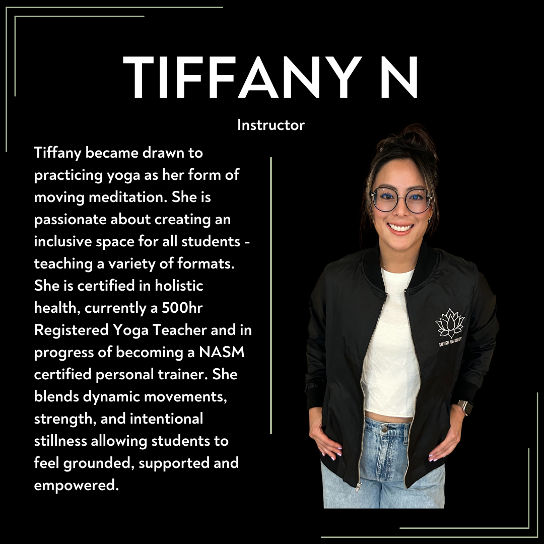 Profile of Tiffany N, yoga instructor, smiling woman with glasses, black bomber jacket with lotus logo, casual white top and jeans, text about her background and certifications, black background