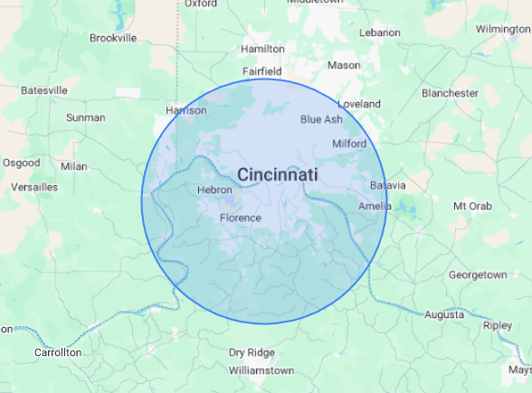 A service area map centered on Cincinnati, Ohio, showing a blue 20-mile radius circle that covers Northern Kentucky and Greater Cincinnati, including Burlington, Florence, Union, and Downtown Cincinnati.