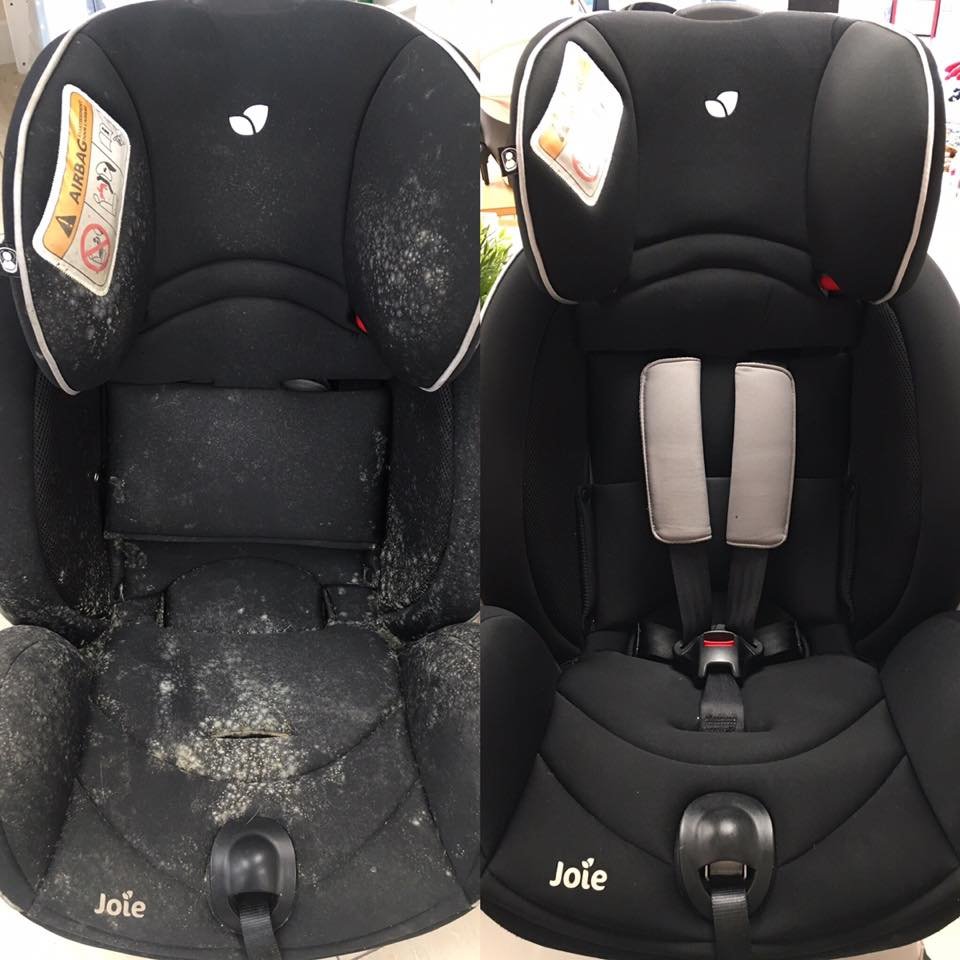 A side-by-side comparison of a child’s car seat, demonstrating the removal of heavy food stains and full sanitization by True Colors Detailing for NKY parents.