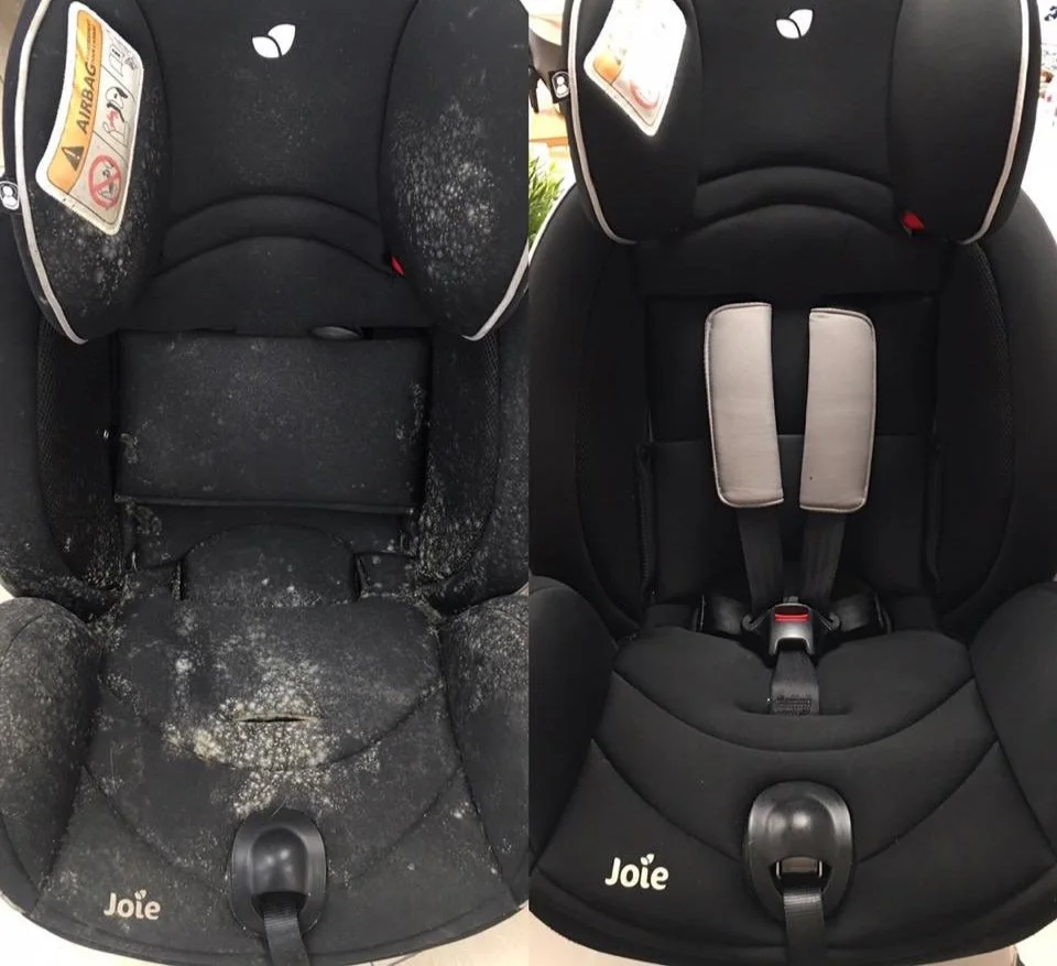 A side-by-side comparison of a child's car seat, showing the transformation from heavily soiled to fully sanitized and stain-free for families in Northern Kentucky.