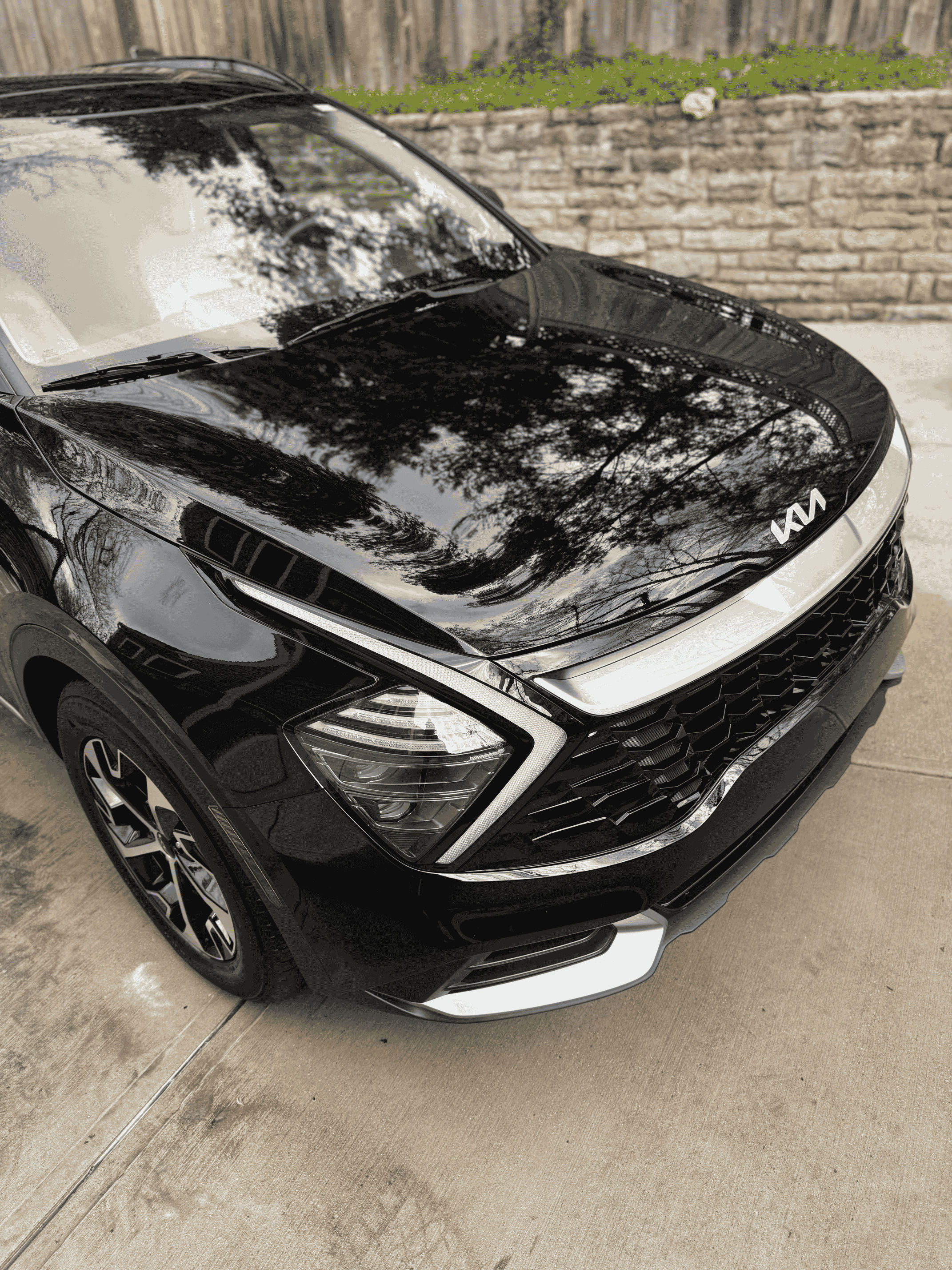 The front profile of a polished black Kia SUV parked outdoors in NKY, displaying deep paint clarity and a reflective finish after a professional wash.