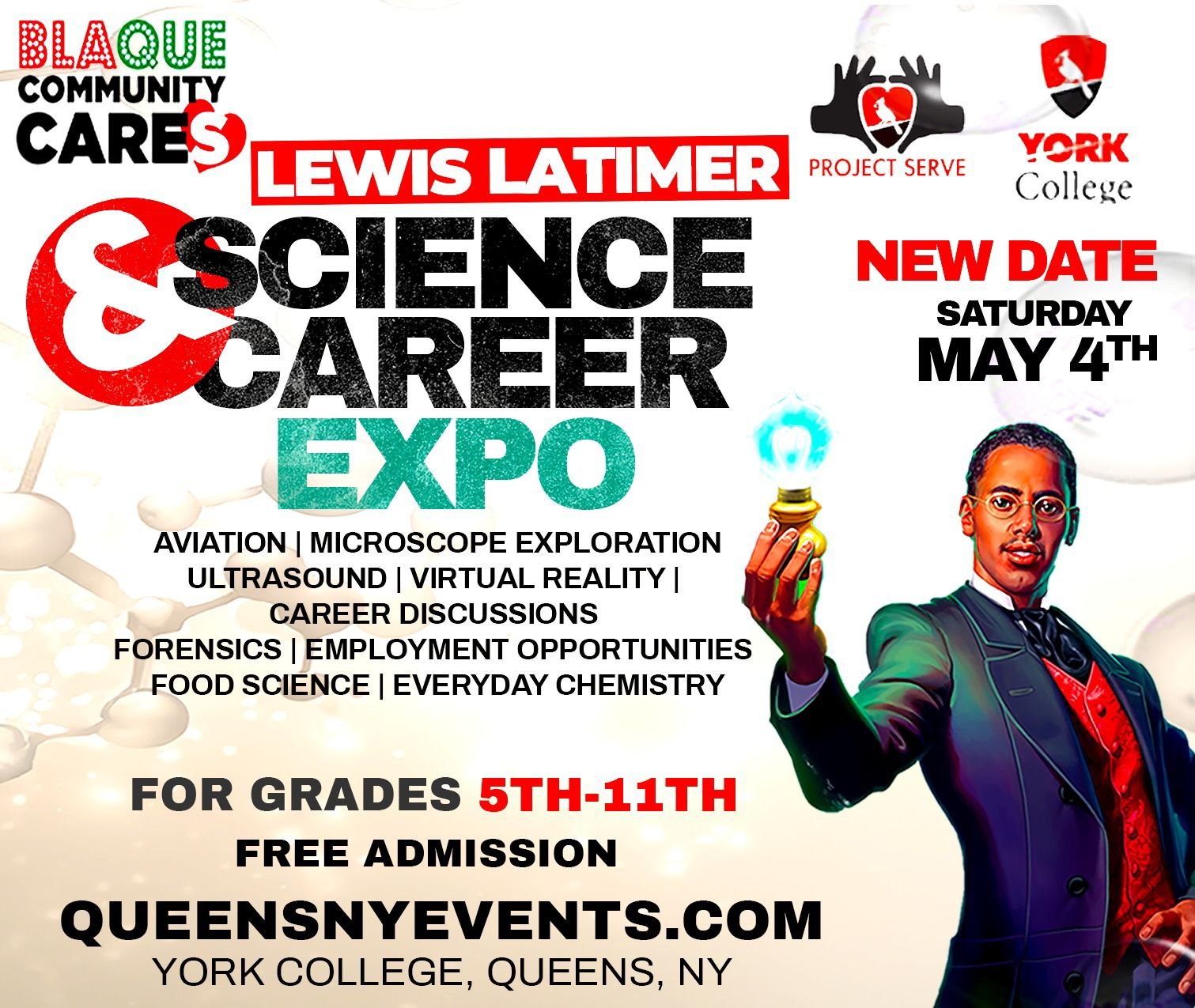 Hey Future Innovators! 🚀

Guess what? The Lewis Latimer Science &amp; Career Expo #LLSciExpo is coming back on Saturday, May 4th! 🌟 If you're in grades 5-11, this is your chance to check out 35+ cool exhibits and explore careers in STEM.

Parents, 