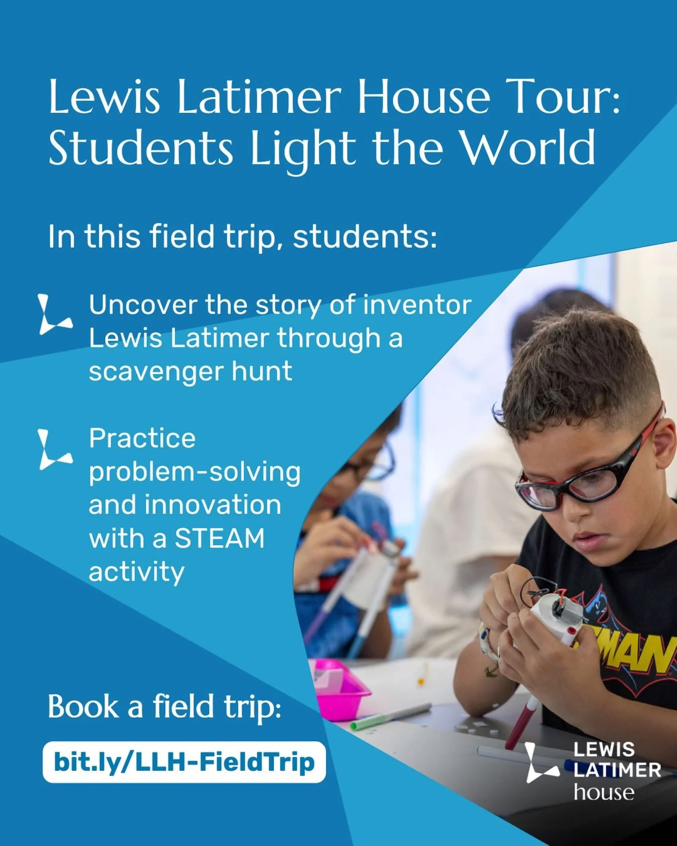 💡 Book a Field Trip to the Lewis Latimer House!
In our &ldquo;Students Light the World&rdquo; field trip experience, students explore the life and legacy of Lewis Latimer through an interactive scavenger hunt and hands-on STEAM activities. Inspired 