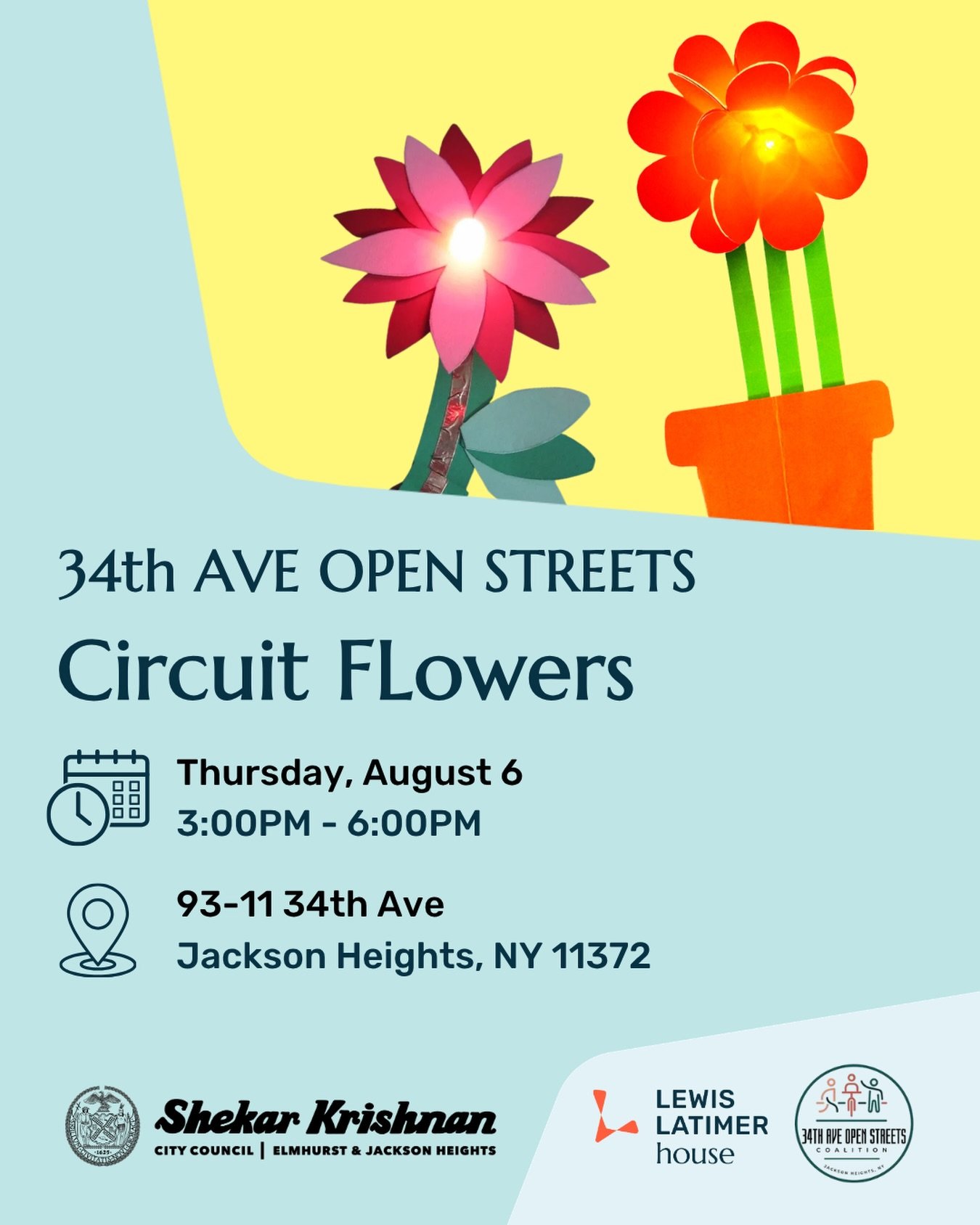 Join us at 34th Ave Open Streets this Thursday! Participants will discover how simple electronics and paper chemistry collide by building an eye-catching floral circuit 🌸💡 

Open Streets will also feature an exciting range of programs, activities, 