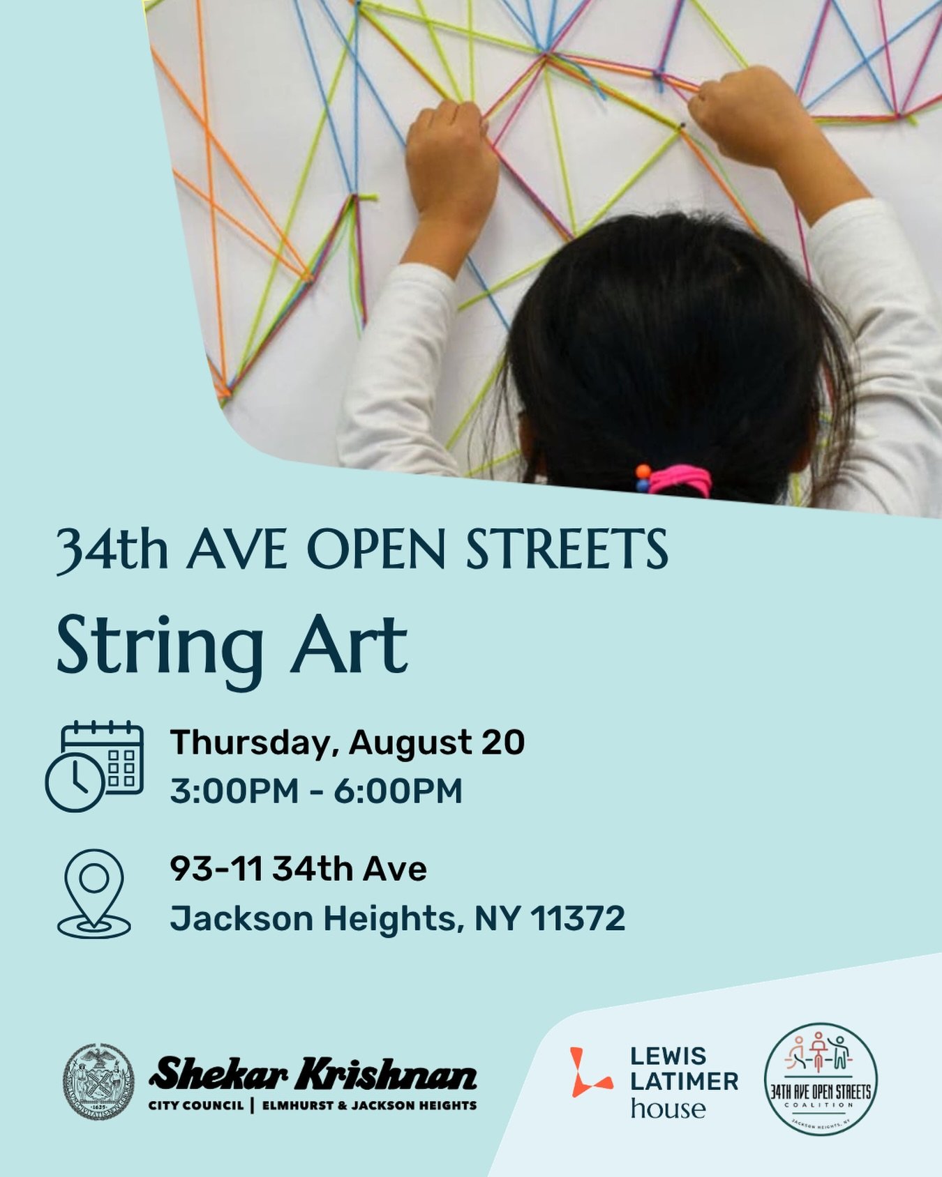 Join us this Thursday at 34th ave Open Streets! Our educators will be leading a String Art activity. Watch math come to life and use string geometry to turn straight lines into beautiful, curved geometric designs! 

 #STEAMEducation #34thAveOpenStree