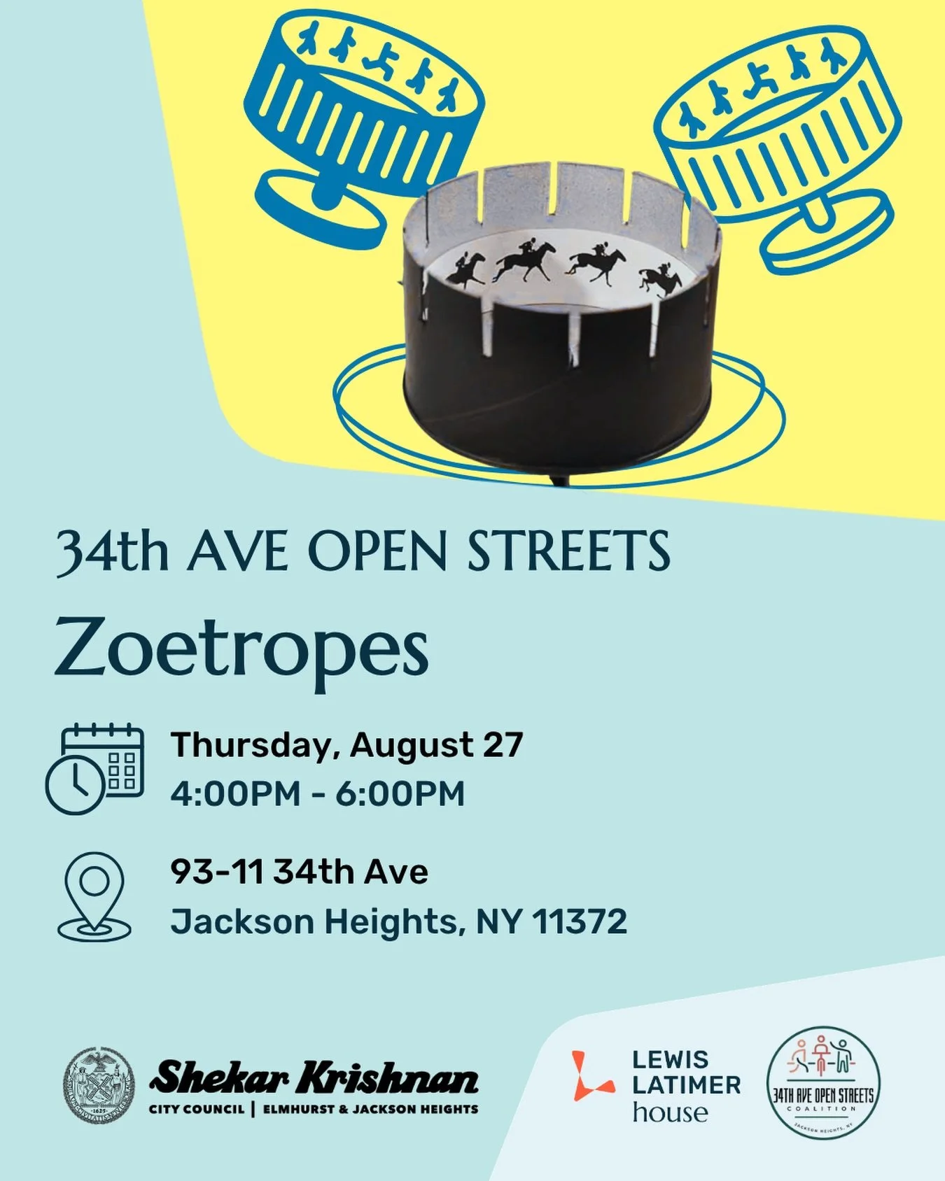 Join us at 34th Ave Open Streets this Thursday for a family-friendly STEAM activity! Inspired by Lewis Latimer&rsquo;s love of the arts as an artist, poet, and playwright, we&rsquo;ll spin our ideas into motion by creating our own zoetropes, hand-hel