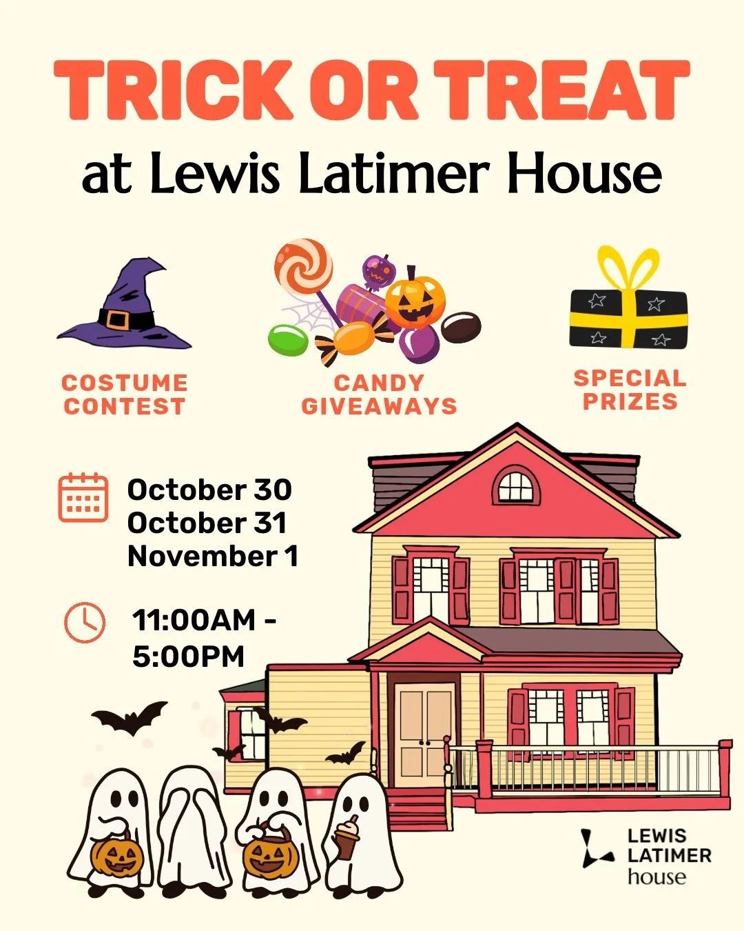 Come celebrate Halloween at the Lewis Latimer House 🎃 From October 30 to November 1, join us for a spooktacular time filled with candy, treats, and a scavenger hunt of our galleries. Come explore Latimer&rsquo;s legacy and show off your costume for 