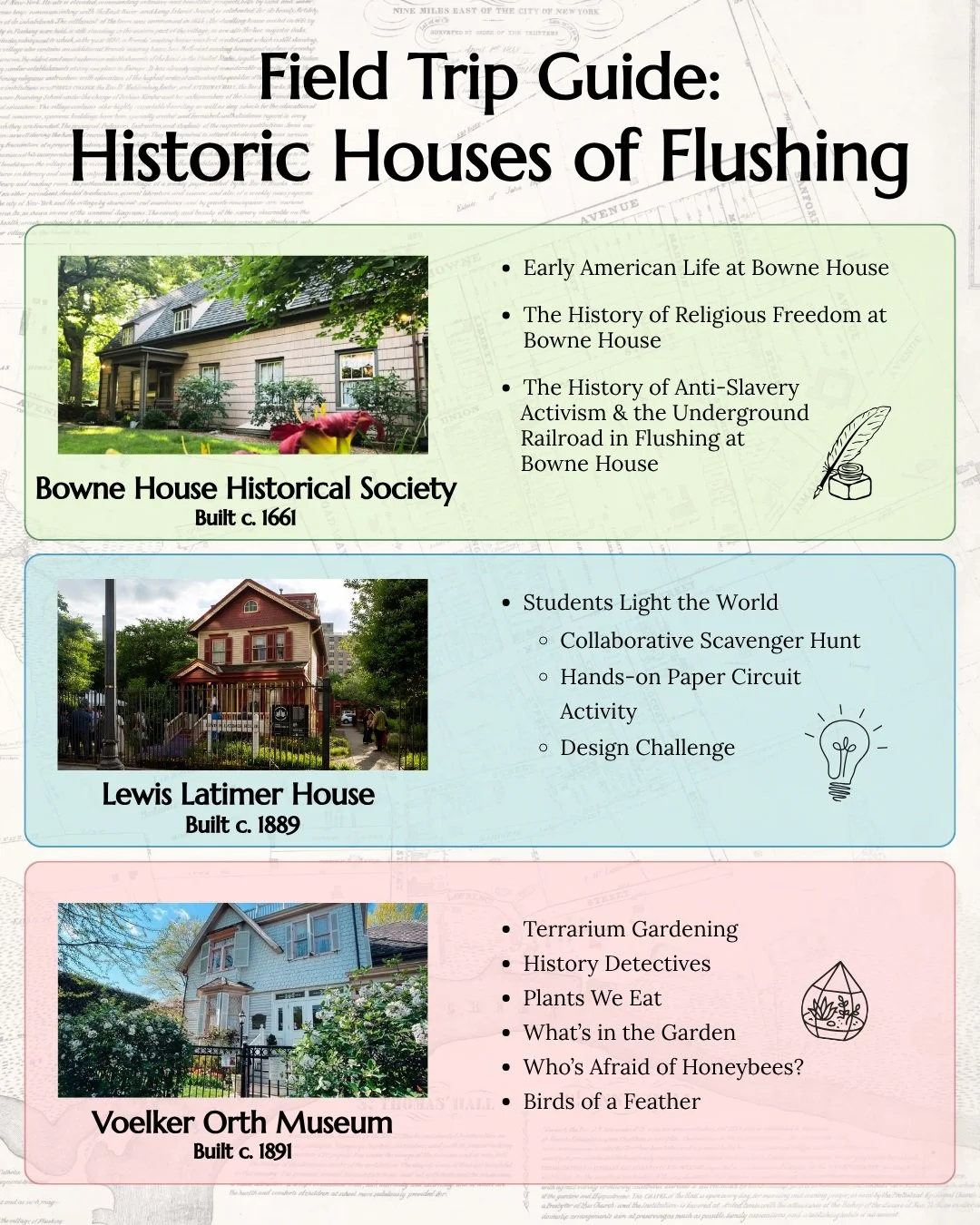 We&rsquo;re excited to be partnering with our historic house neighbors for upcoming field trips this school year 🏘️ 

Enjoy a day of learning in Flushing with visits to the @LewisLatimerHouse, @BowneHouse, and @VoMuseum: three historic sites offerin
