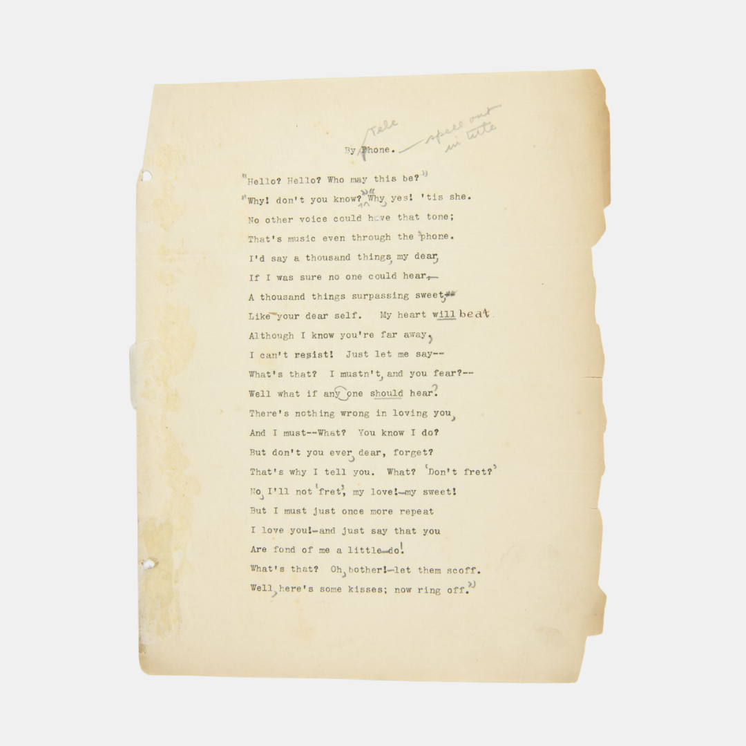 A typed poem on aged, slightly torn paper with handwritten annotations.
