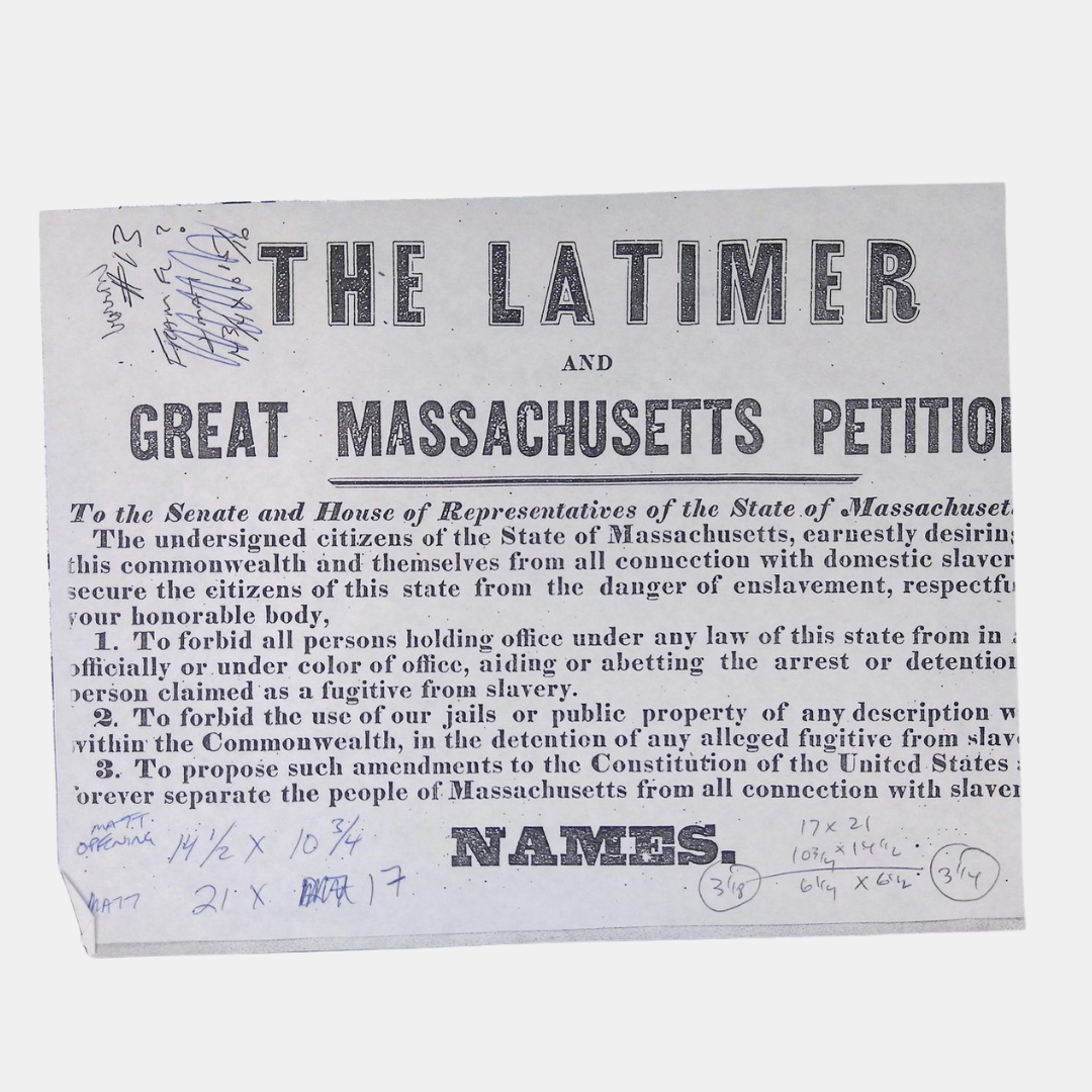 A historical petition document titled 'The Lattimer and Great Massachusetts Petition' with handwritten notes and measurements in blue ink, aimed at the Massachusetts state government to oppose slavery and related laws.