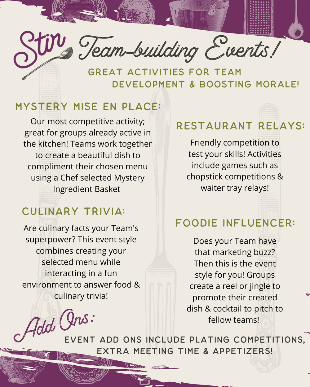 Team Building events in the heart of Denver. Increase company morale and team  work. — Stir Cooking School