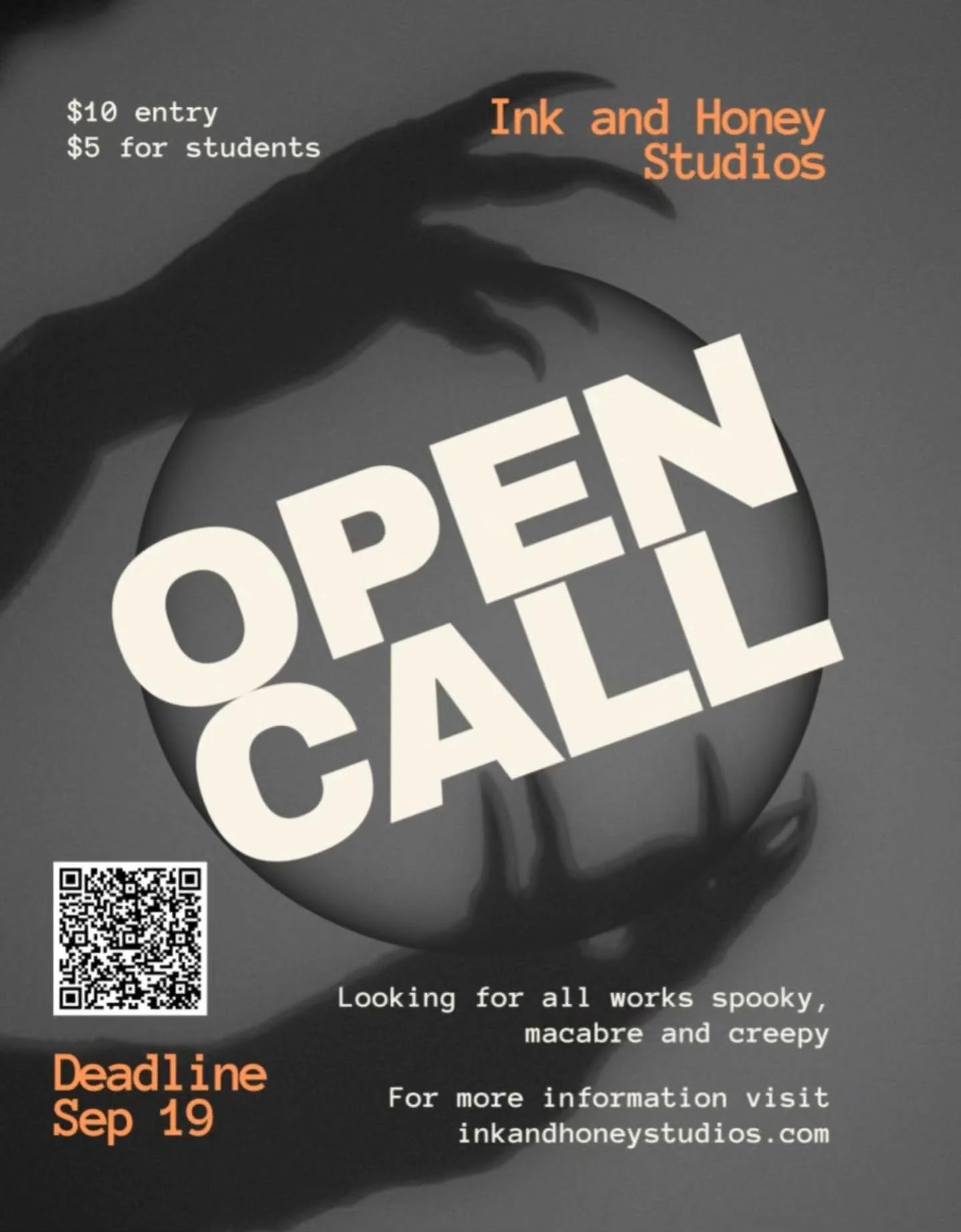 OPEN CALL!!! We are looking for your spookiest artwork to be in a local show! Find the link to submit on our website inkandhoneystudios.com or scan the QR code

#opencall #wichitaks #spookyart