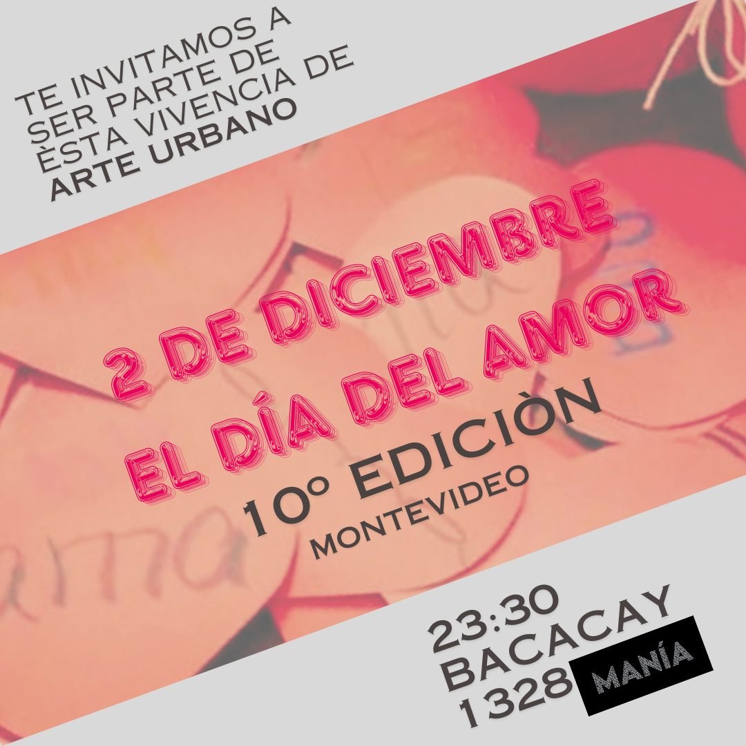 Cartel invitando a participar en la celebración del Día del Amor el 2 de diciembre en Montevideo, con detalles de hora y lugar, en colores rosa y negro.