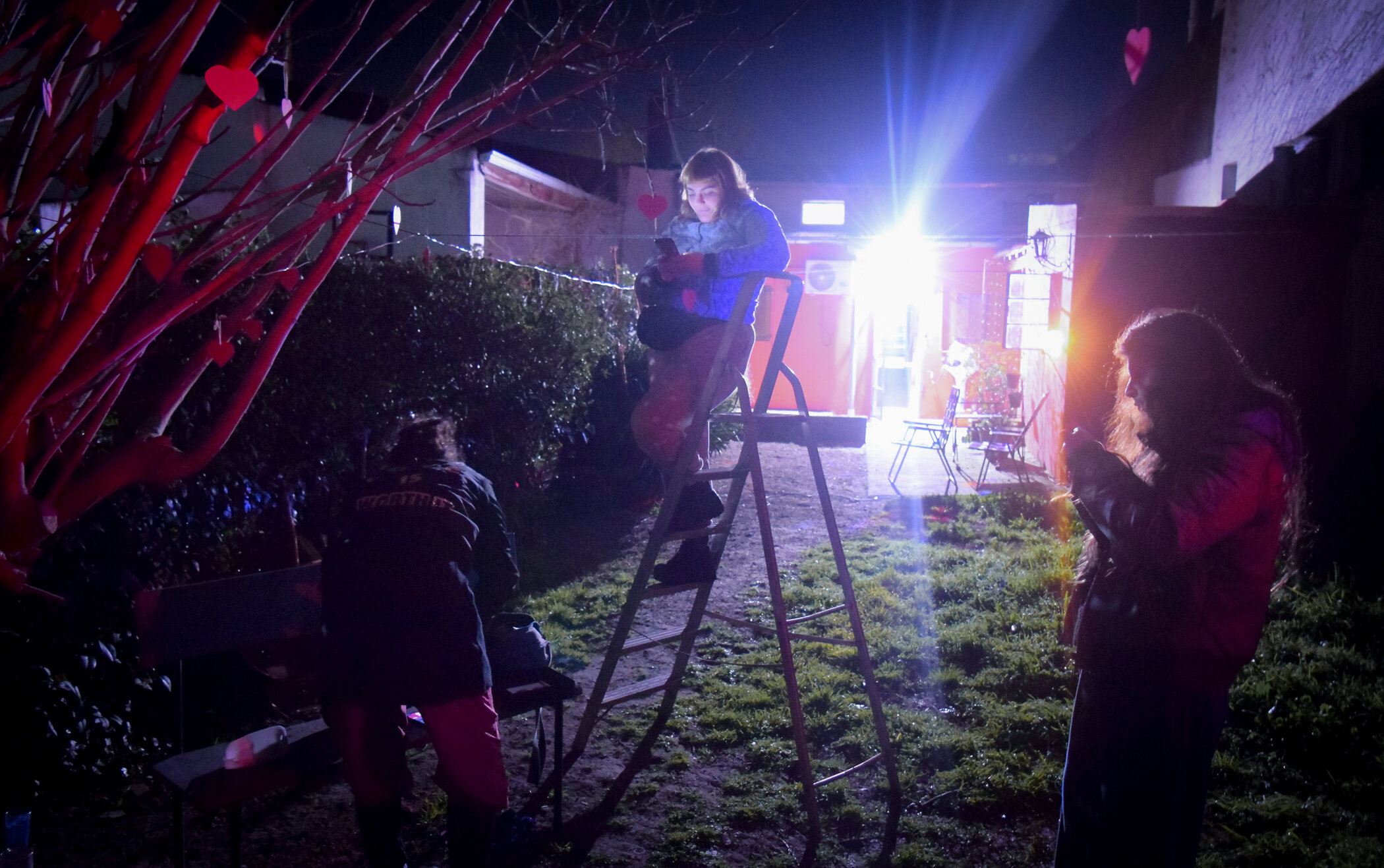Personas en un jardín durante la noche, una es una niña en una escalera, usando un teléfono; otra es una mujer con barba tomada una fotografía y otra persona arreglando algo, con luces brillantes en el fondo.