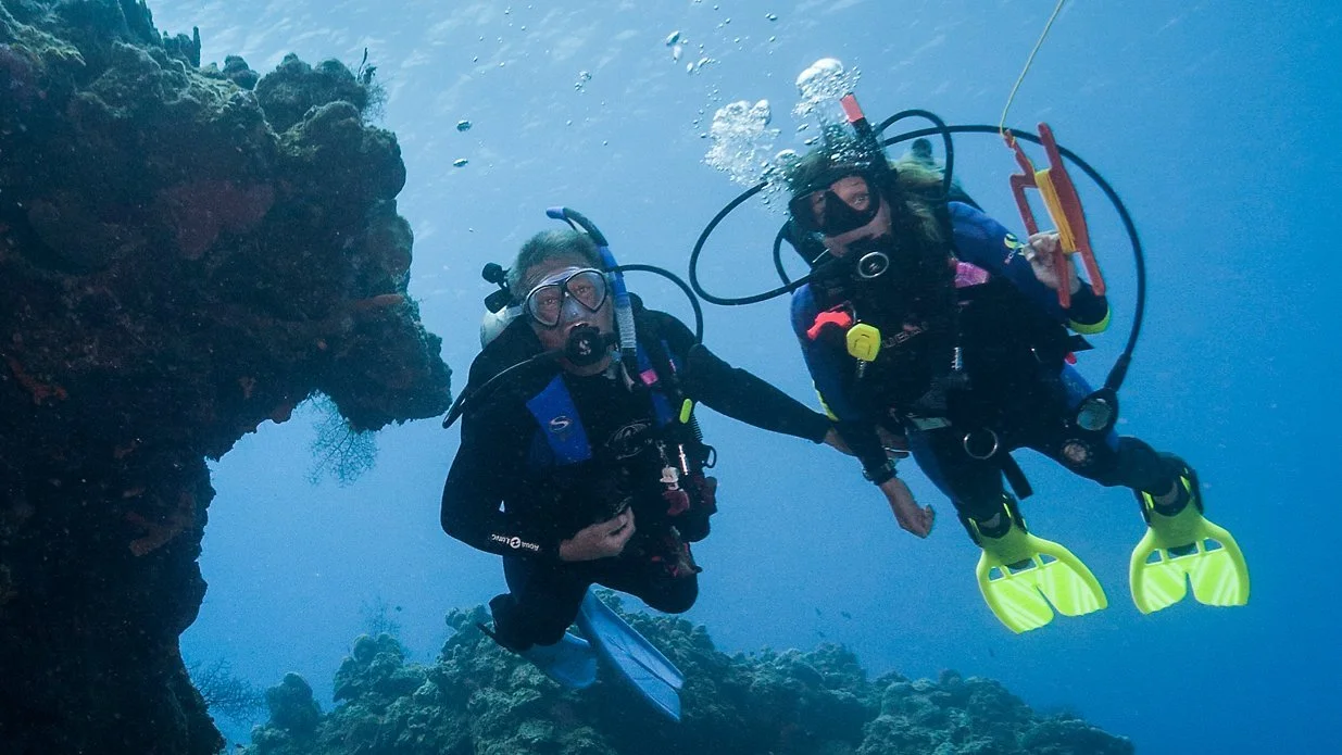 Two scuba divers swimming near coral reef underwater, wearing diving gear and fins.