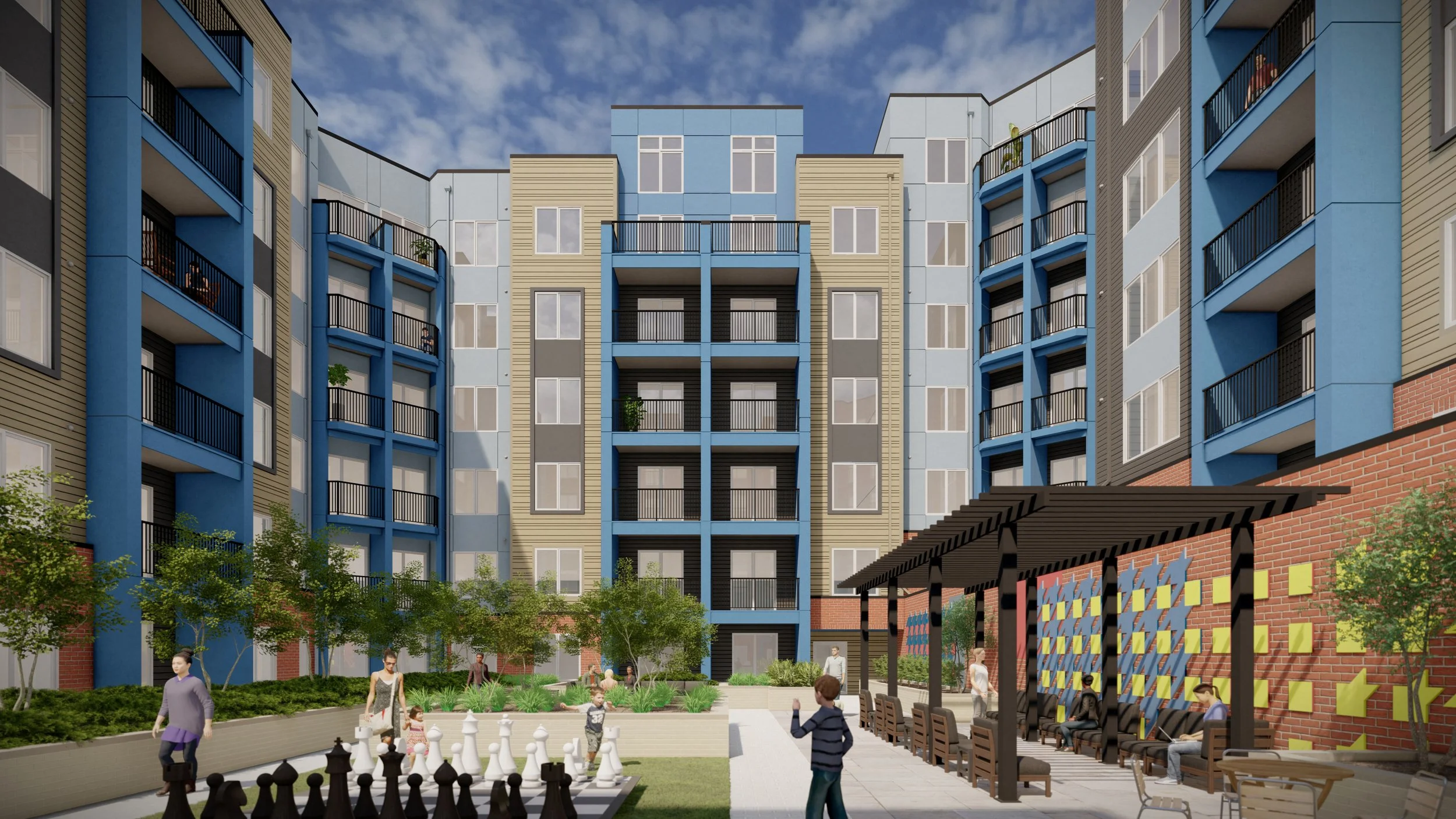 colorful multifamily courtyard design