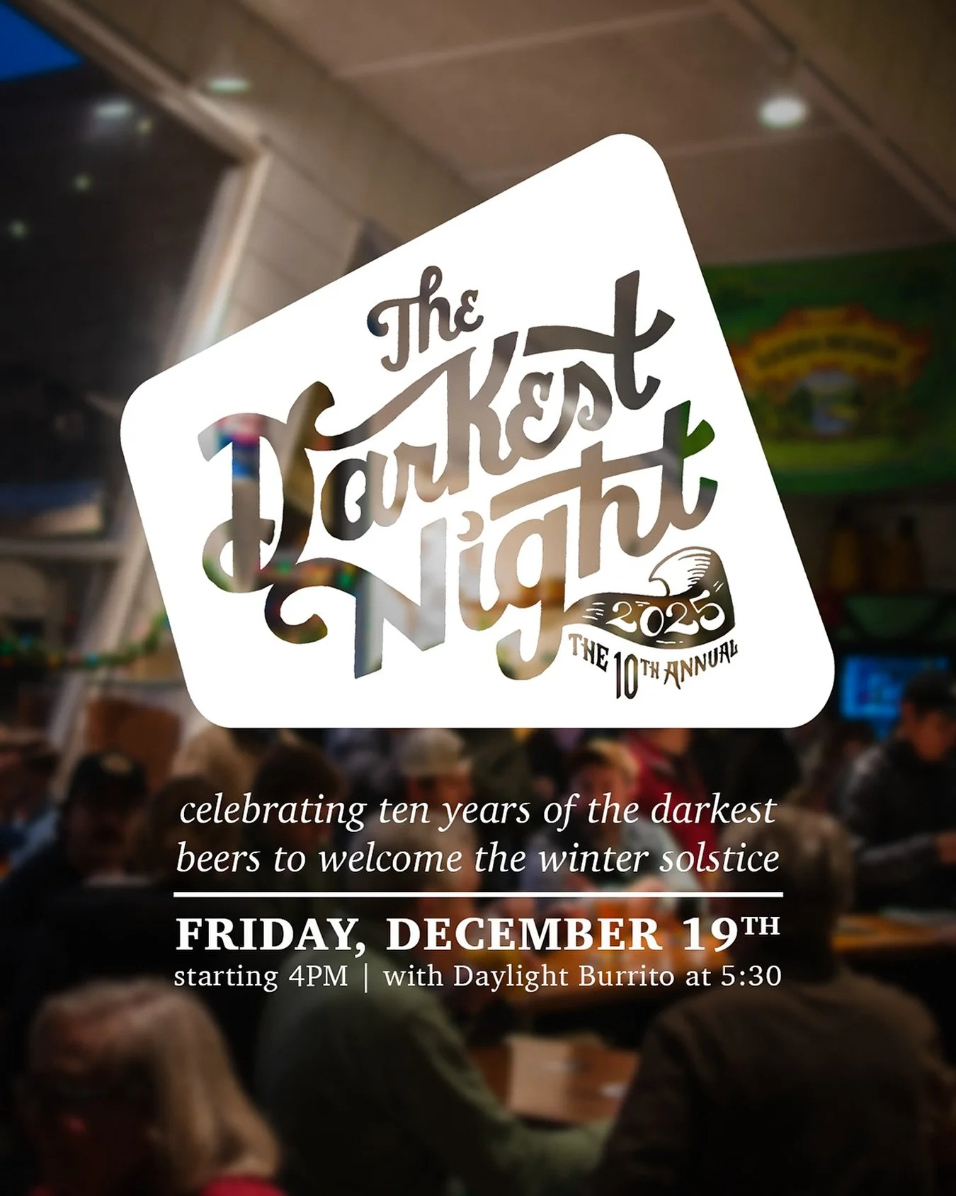 Darkness is coming&hellip; 🌑🌑🌑

The TENTH annual Darkest Night is around the corner, and we are so excited to celebrate with y&rsquo;all. Join us for the ultimate winter solstice event with a killer lineup of the darkest brews, a ✨special✨ edition